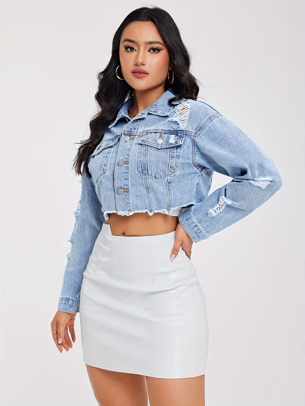 Women's Distressed Denim Jacket with Frayed Hem, Casual Washed Jean Coat, Fashionable Streetwear Outerwear