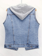 Spring-Summer Loose Korean Style Trendy Casual Sleeveless Short Jacket with Detachable Hoodie, Versatile Single-Breasted Cardigan