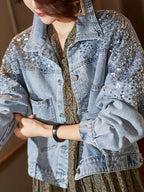 Women's Light Blue Denim-Look Jacket with Sequin Details, Flap Pockets, and Buttoned Cuffs - Stylish Long Sleeve Outerwear for Spring\u002FFall, Ladies Denim Jacket, Casual Outerwear | Trendy Women's Jacket | Sequin Accents