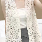 Women'S Polyester Hollow Knit Vest, Sleeveless Collarless, Solid Color, Breathable Mesh Design, for All Seasons