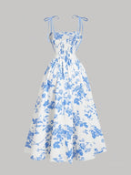 Elegant Floral Print Square Neck Dress for Women - Sleeveless A-Line Midi with Lace-Up Detail, Spring\u002FSummer\u002FFall Fashion, White with Blue Floral Patterns, Floral Dress