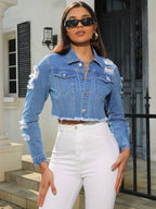 Ripped Holes Lapel Denim Coat, Long Sleeves Raw Hem Denim Jacket, Women's Clothing