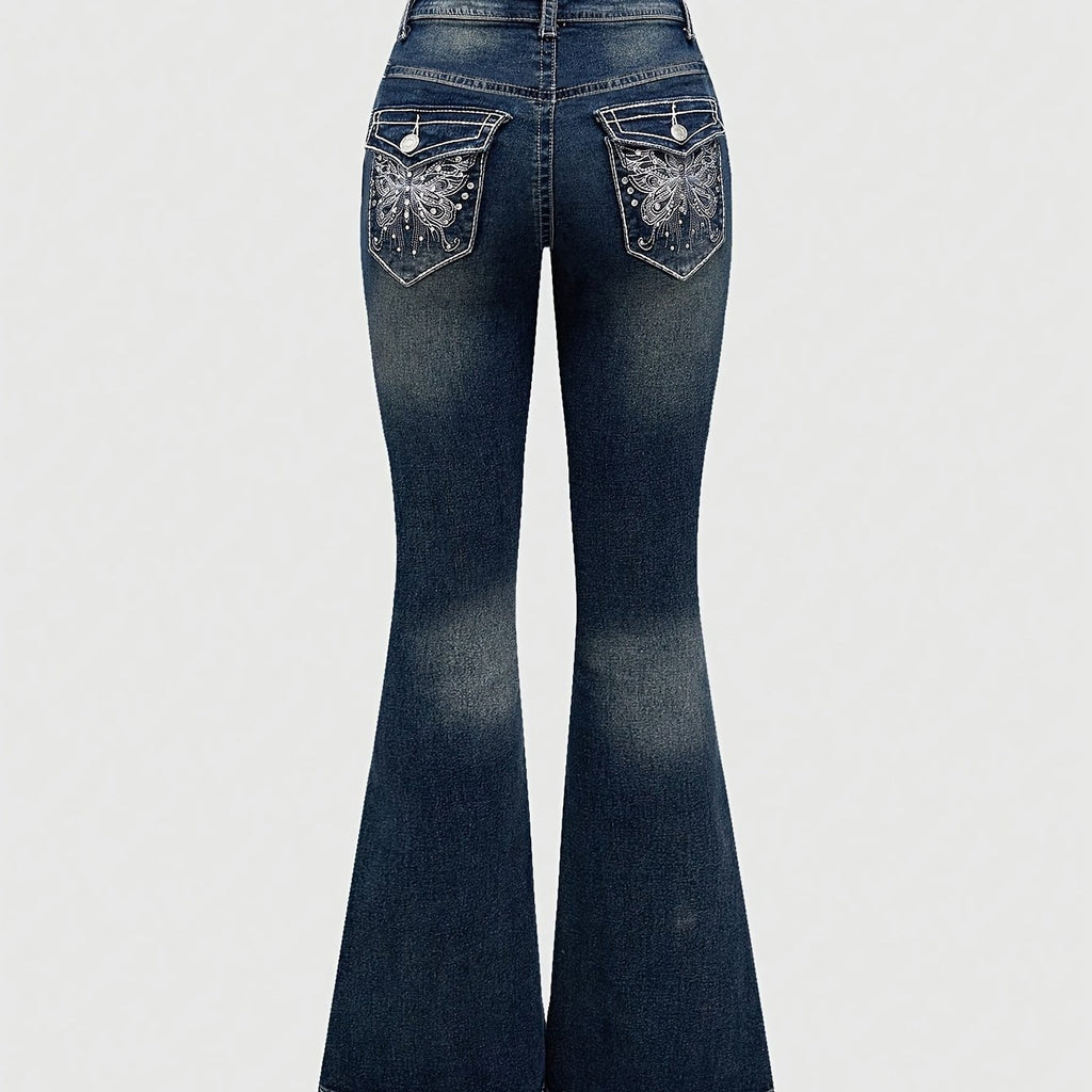 2024 Women's Hand-Embroidered Rhinestone Back Pocket Flared Jeans - Stretch Comfort Washed Denim, Elegant Machine-Washable All-Season Casual Pants, Comfortable Fashion, Fashionforward Design, Detailed Embroidery