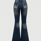 2024 Women's Hand-Embroidered Rhinestone Back Pocket Flared Jeans - Stretch Comfort Washed Denim, Elegant Machine-Washable All-Season Casual Pants, Comfortable Fashion, Fashionforward Design, Detailed Embroidery
