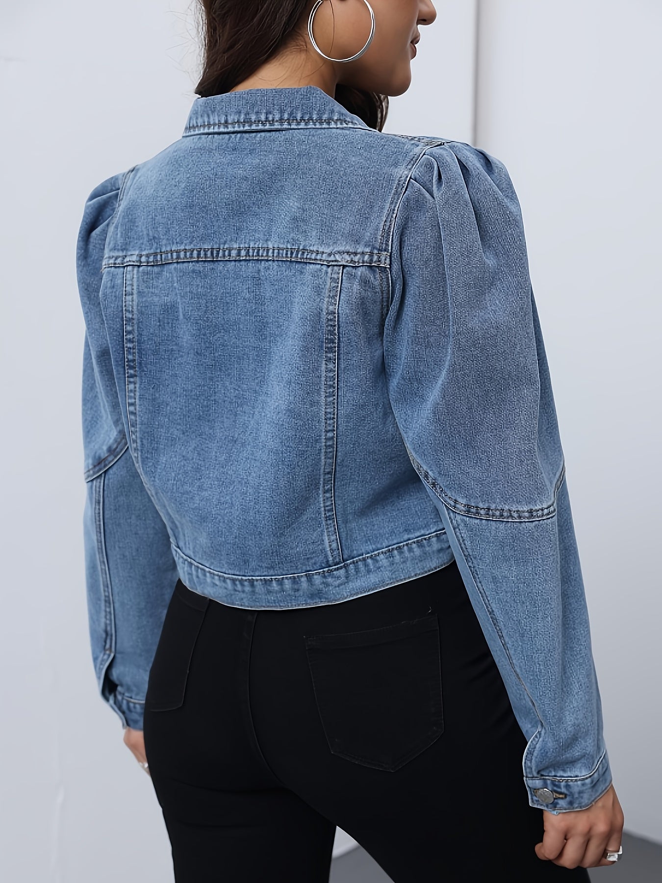 Women's Slim-Fit Long Sleeve Denim Jacket - Elegant Lapel Collar Single-Breasted Closure, Machine Washable Solid Blue Coat for Spring\u002FSummer Casual & Semi-Formal Outfits