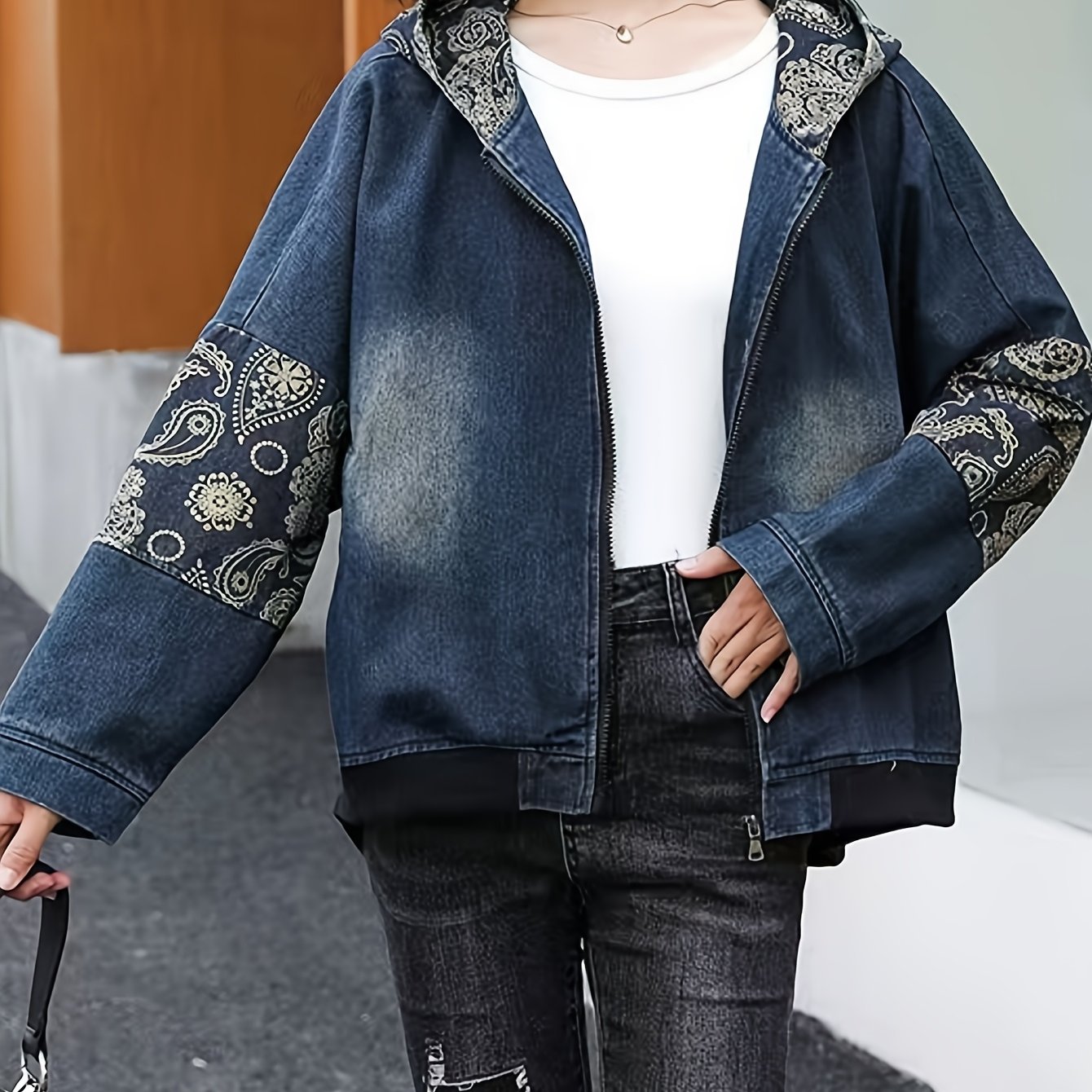 Women'S Vintage-Inspired Denim Jacket with Geometric Pattern and Zipper Detail - Casual Loose Fit, Zip-Up Hooded Jacket for Spring and Fall, Casual Jacket | Hooded Jacket | Decorative Patches