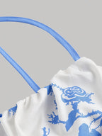 Elegant Floral Print Square Neck Dress for Women - Sleeveless A-Line Midi with Lace-Up Detail, Spring\u002FSummer\u002FFall Fashion, White with Blue Floral Patterns, Floral Dress