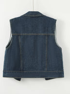 Women's Sleeveless Denim Vest - Retro Distressed Blue Washed -like Texture, Machine Washable All-Season Layering Piece, Casual Chic Short Jacket for Everyday Outfits, Sleek Flap Pockets