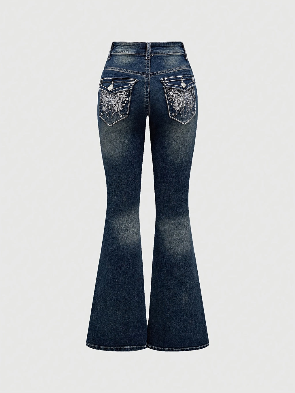 2024 Women's Hand-Embroidered Rhinestone Back Pocket Flared Jeans - Stretch Comfort Washed Denim, Elegant Machine-Washable All-Season Casual Pants, Comfortable Fashion, Fashionforward Design, Detailed Embroidery