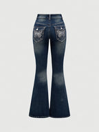 2024 Women's Hand-Embroidered Rhinestone Back Pocket Flared Jeans - Stretch Comfort Washed Denim, Elegant Machine-Washable All-Season Casual Pants, Comfortable Fashion, Fashionforward Design, Detailed Embroidery