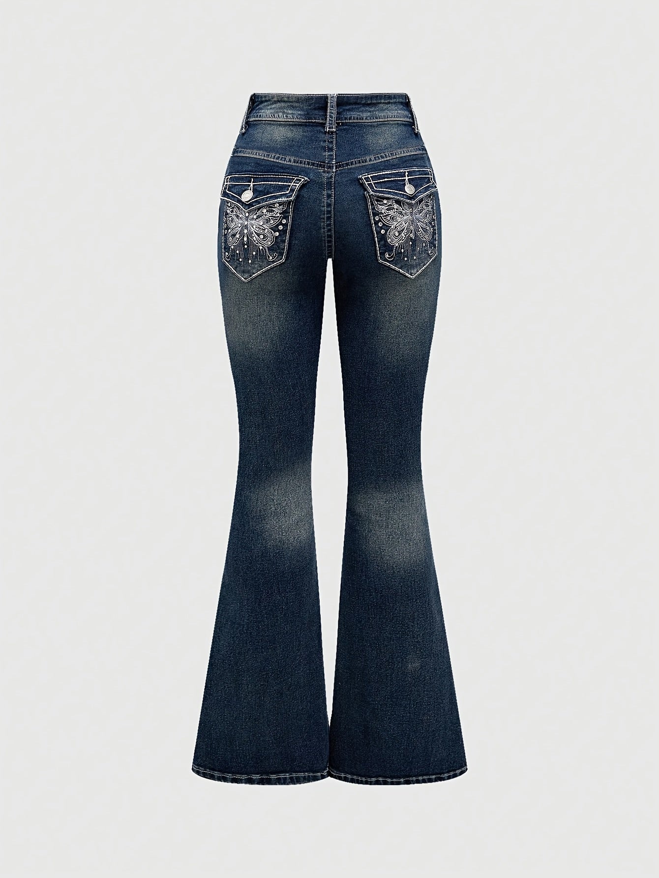 2024 Women's Hand-Embroidered Rhinestone Back Pocket Flared Jeans - Stretch Comfort Washed Denim, Elegant Machine-Washable All-Season Casual Pants, Comfortable Fashion, Fashionforward Design, Detailed Embroidery