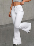 Women's High-Waisted Stretchy Flared Jeans - White Slim Fit Denim Pants with Button Closure, Machine Washable Casual & Formal Wear, All-Season Versatile Trousers