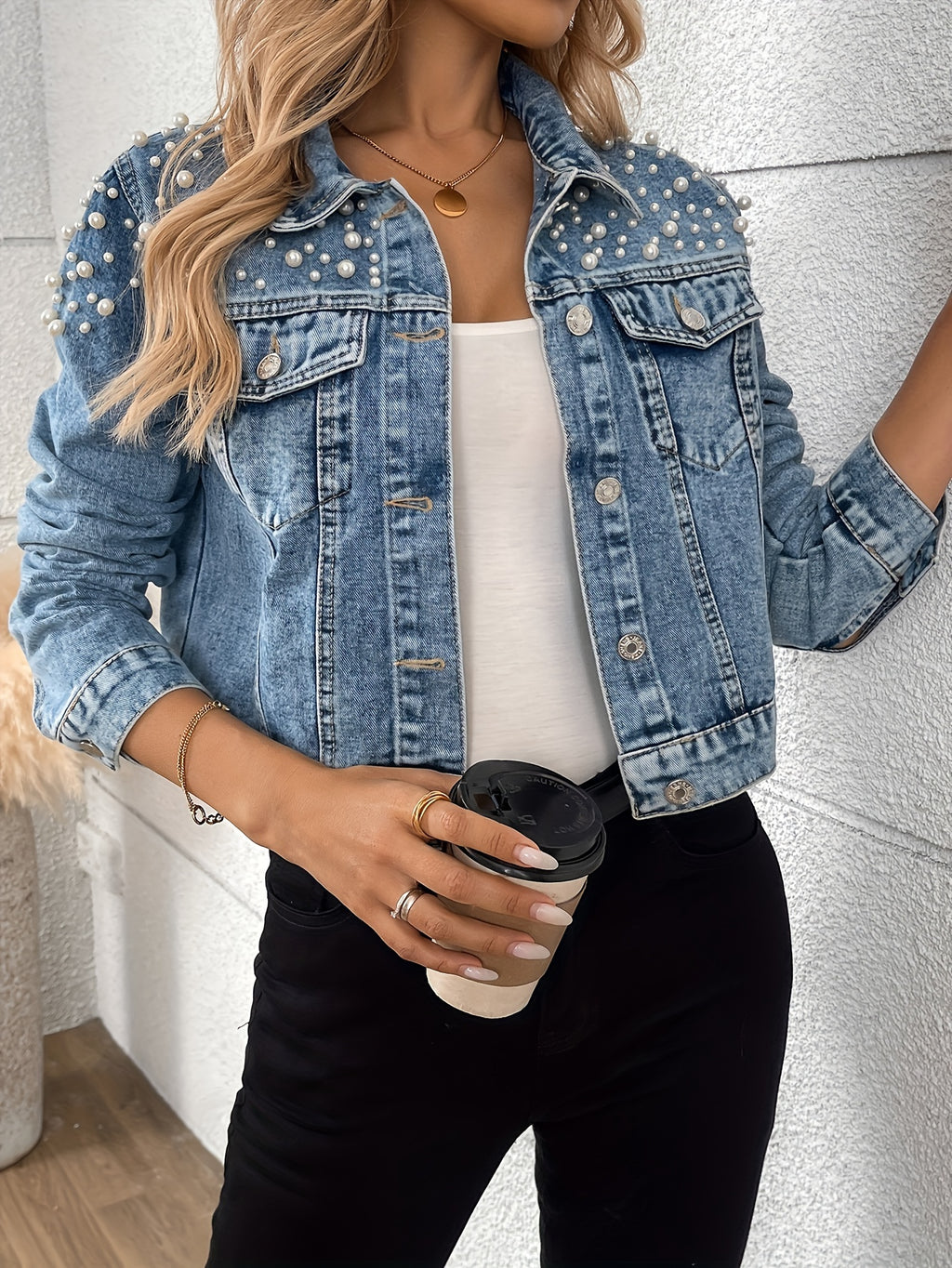 Morin Women'S Denim Jacket with Rhinestone Embellishments, Elegant Solid Color, Button-Up, Non-Stretch Fabric, Spring\u002FAutumn Fashion Top, Woven Craftsmanship