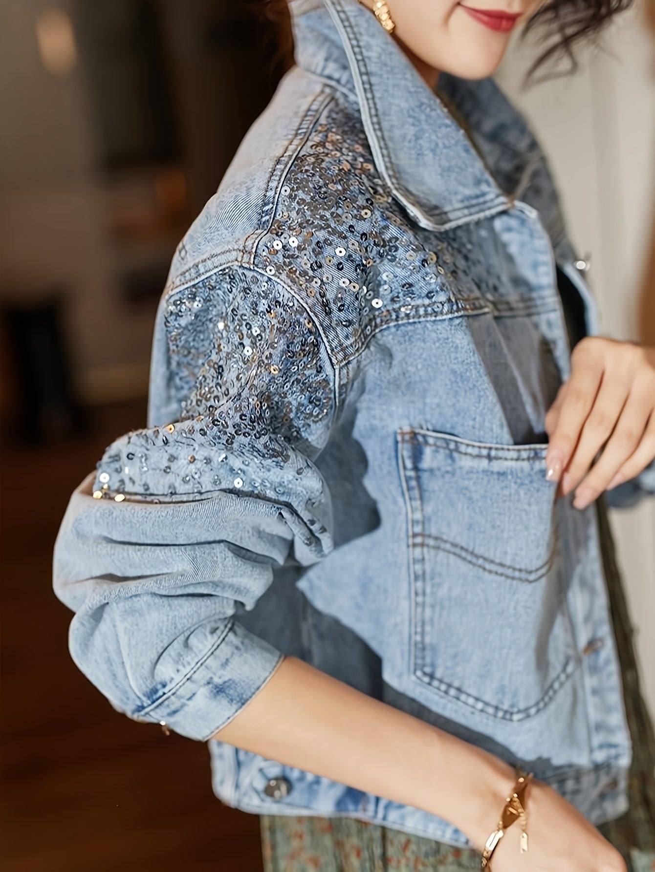 Women'S Vintage-Inspired Faux Denim Jacket with Sequin Pockets - Casual Yet Chic Long Sleeve Button-Up Outerwear for Spring\u002FSummer, Non-Stretch Fabric, Casual Wear Jacket|Vintage Faux Denim Jacket|Sleek Casual Styl