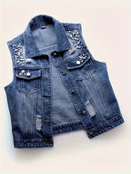 Women's Sleeveless Denim Vest with Pearl Details - Distressed Ripped Jean Jacket, Flap Pockets, Raw Hem, Button-Up Front, Light Blue Denim, Elegant Summer Style