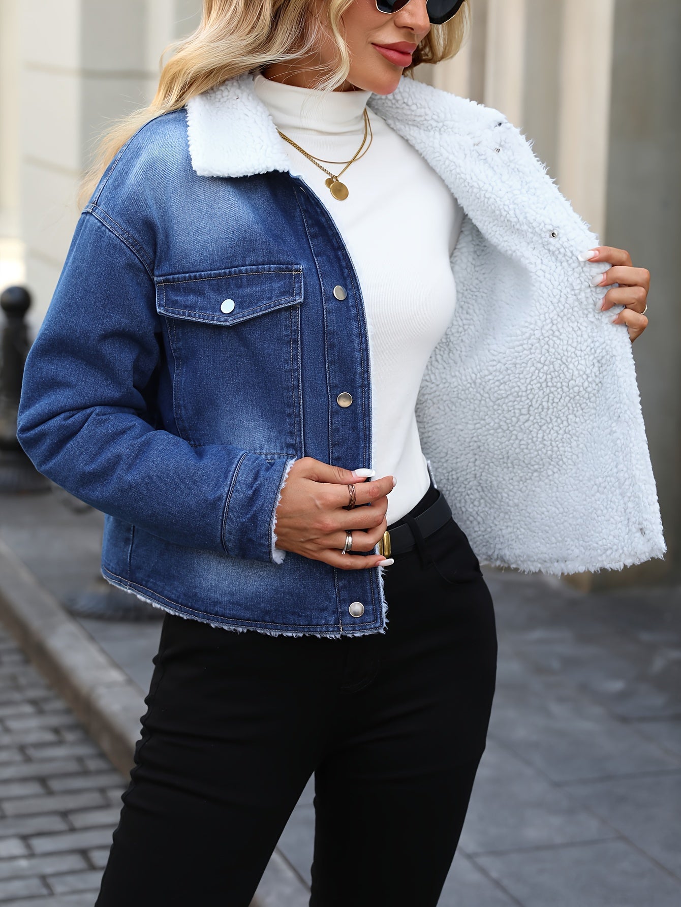 Morin Women's Elegant Fleece-Lined Denim Jacket - Winter Warm Button-Up Coat with Chest Pockets, Machine Washable, Classic Solid Color for Fall & Winter, Casual Outerwear