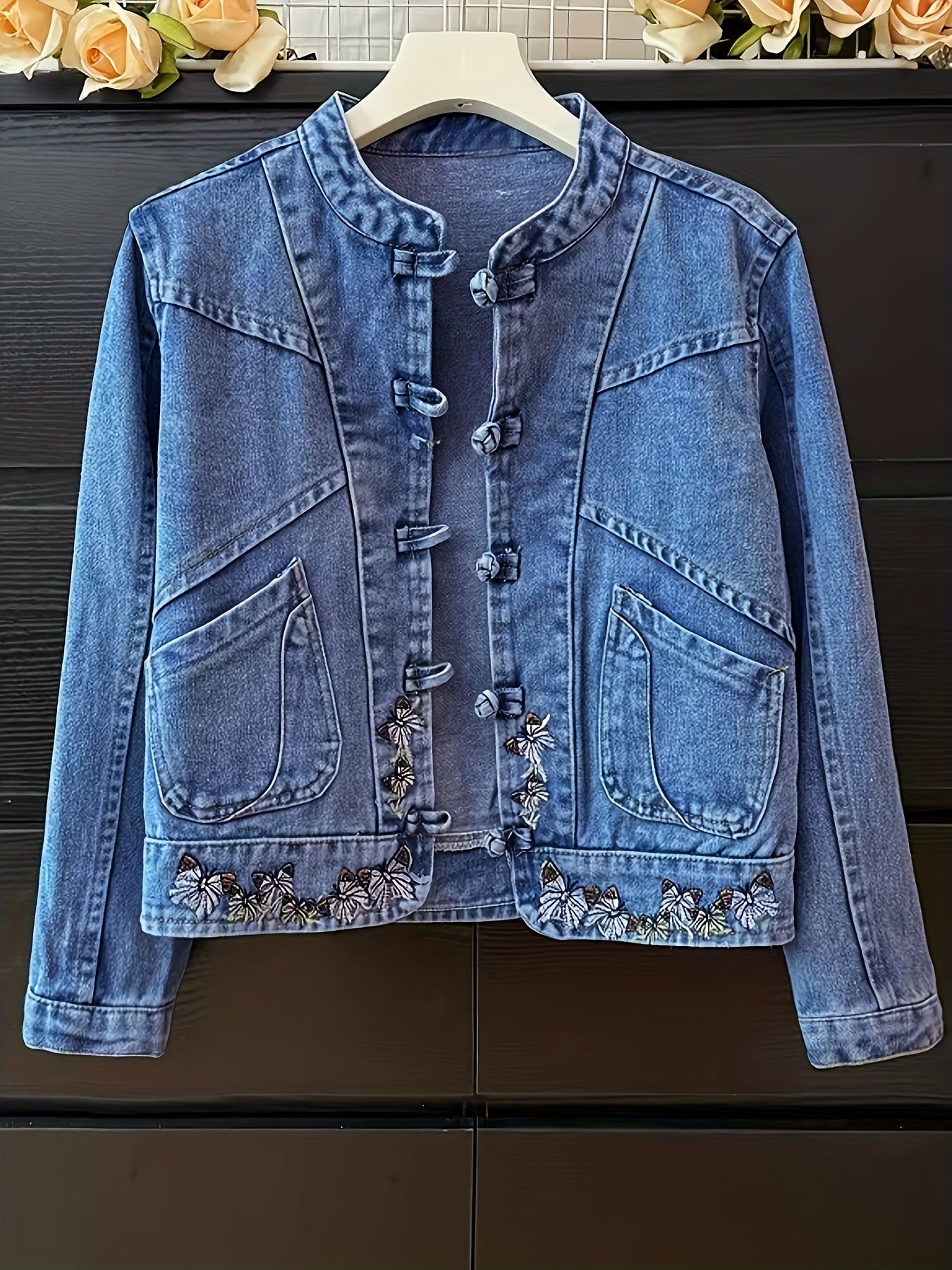 Vintage-Inspired Women's Denim Jacket with Floral Embroidery, Slim Fit Stretch Denim Coat with Ethnic Buckle Details and Chest Pockets - Light Wash Blue, Casual to Chic Style for Casual Attire
