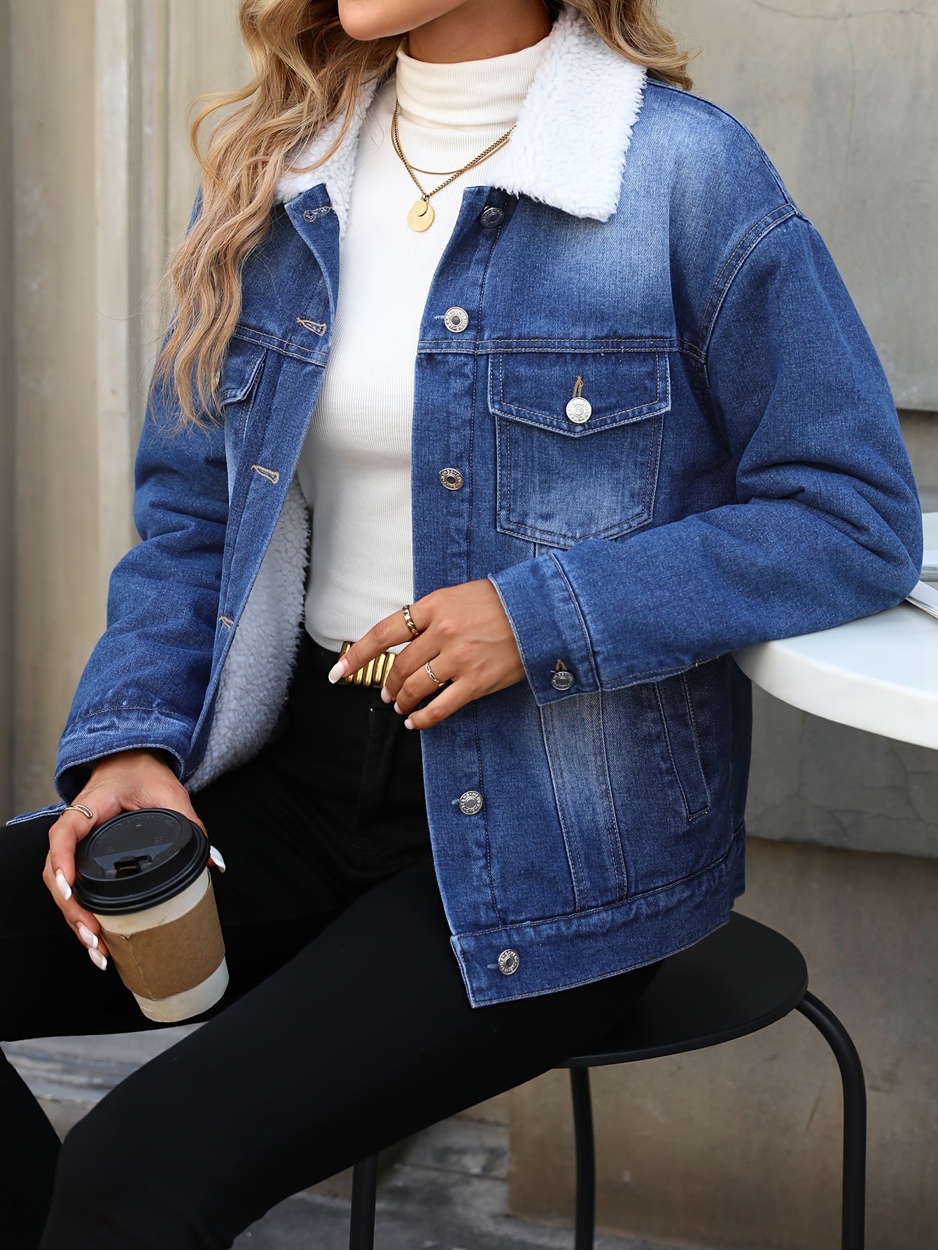 Morin Women's Elegant Fleece-Lined Denim Jacket - Winter Warm Button-Up Coat with Chest Pockets, Machine Washable, Classic Blue for Fall & Winter, Ladies Denim Jacket, Cold Weather Apparel, Functional Pocket Design