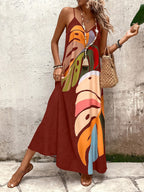 Women's Tropical Leaf Print Sleeveless Maxi Dress - Vibrant Orange & Green Loose Fit Summer Dress with Thin Straps, Machine Washable for Beach Vacations & Casual Outings, Warm Weather Clothing | Flowing Maxi Dress | Lightweight Fabric, Beach Dress