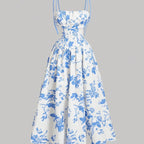 Elegant Floral Print Square Neck Dress for Women - Sleeveless A-Line Midi with Lace-Up Detail, Spring\u002FSummer\u002FFall Fashion, White with Blue Floral Patterns, Floral Dress