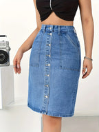 Sexy Denim Skirt for Women - Solid Color, Woven, Button Detail, Split Hem, Regular Fit, No Belt, Spring\u002FFall Collection