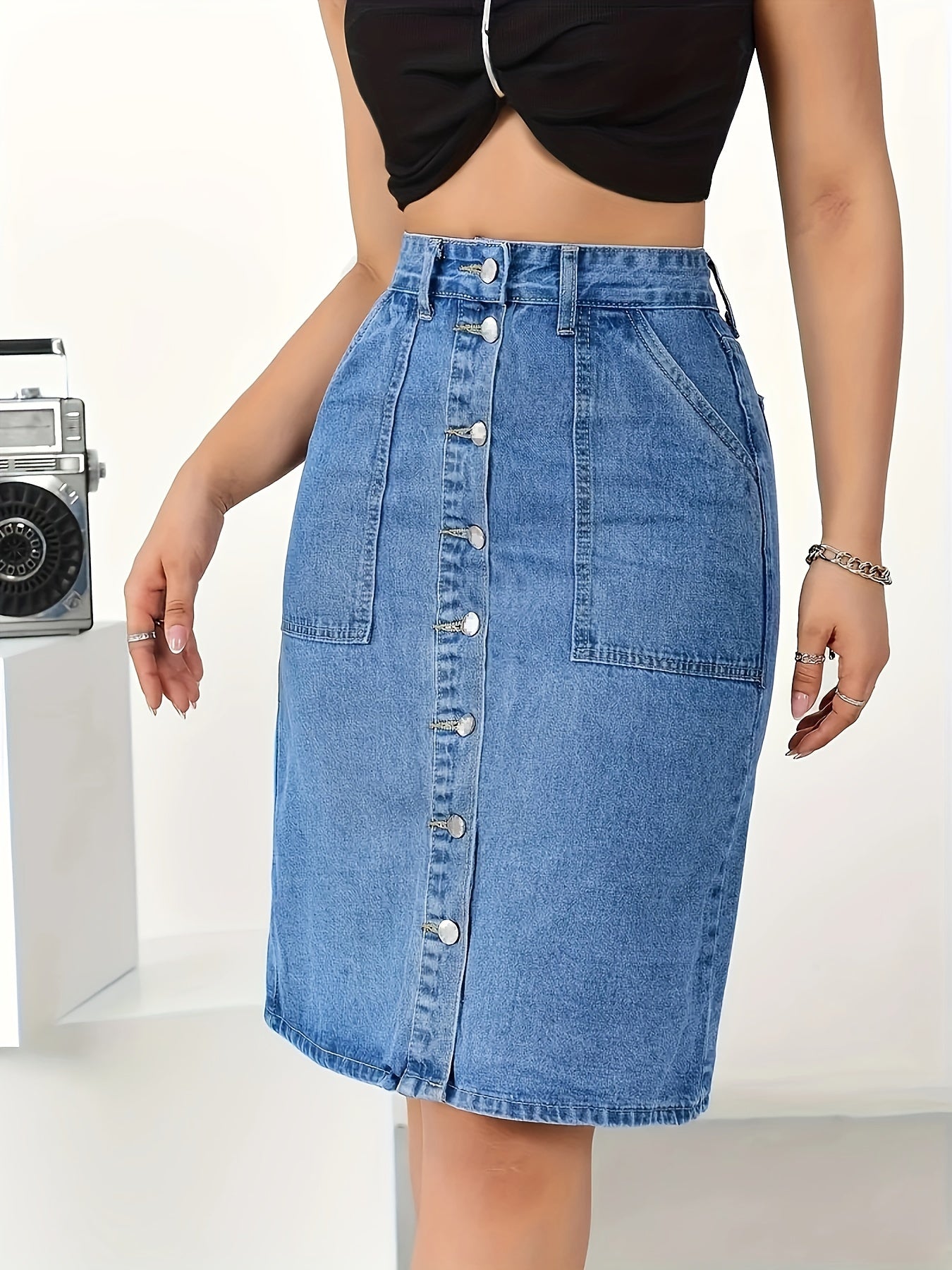 Sexy Denim Skirt for Women - Solid Color, Woven, Button Detail, Split Hem, Regular Fit, No Belt, Spring\u002FFall Collection