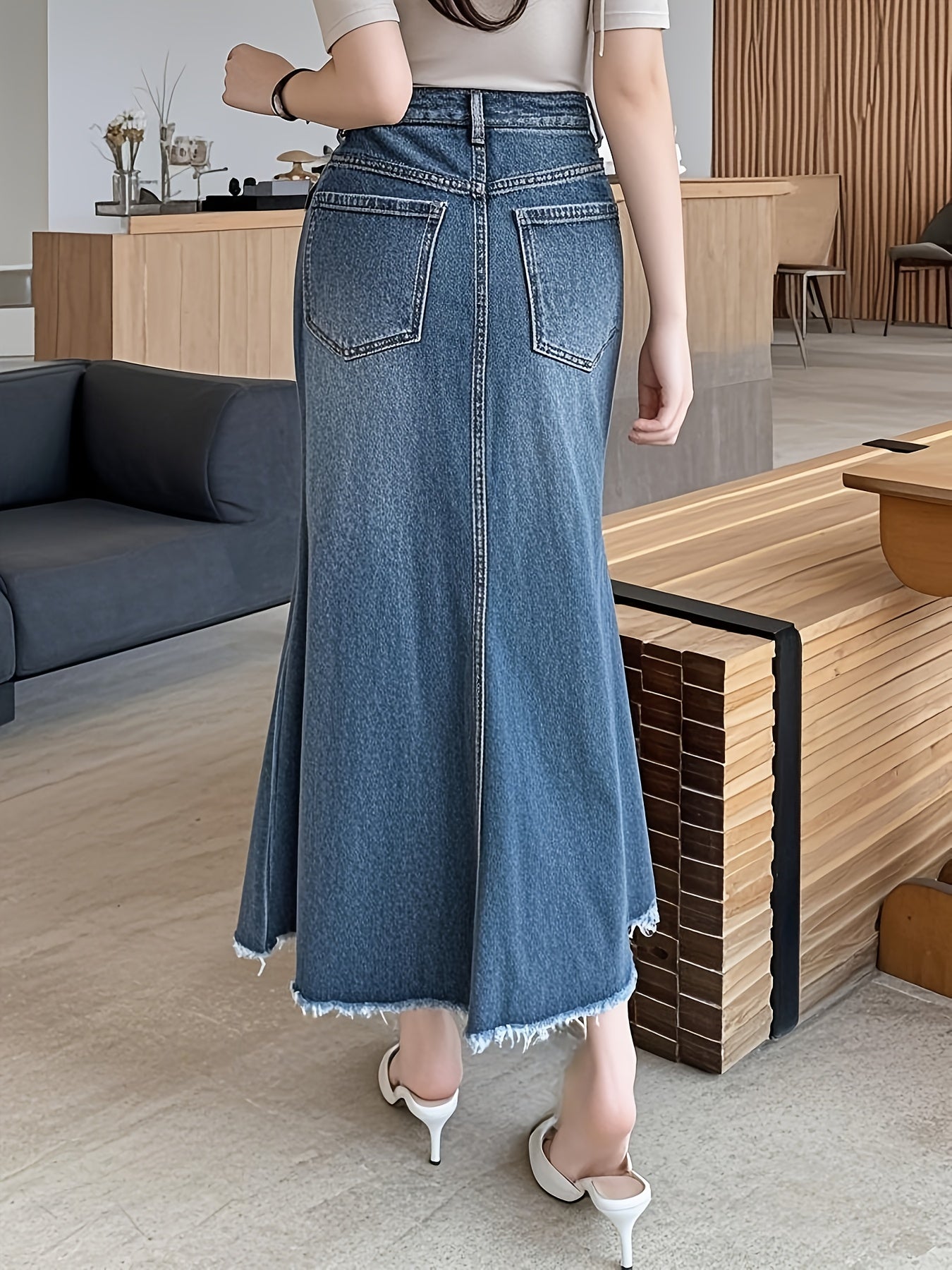 Women'S Denim Mermaid Skirt - High-Waisted, Frayed Hem, Casual Style, Non-Stretch Rayon, Ideal for Spring\u002FSummer\u002FFall, Casual Attire|Casual Style|Nonstretch Fabric