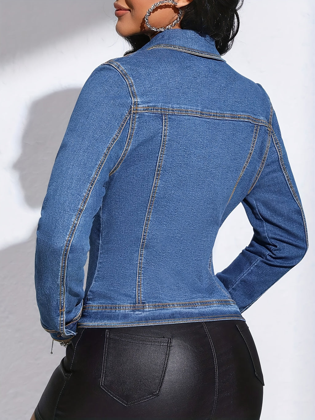 Women'S Elegant Denim Jacket with Pockets - Medium Stretch Rayon, Solid Color, Fall\u002FWinter Style, Casual Fashion Coat, Casual Fashion Jacket|Denim Jacket|Stylish Jacket