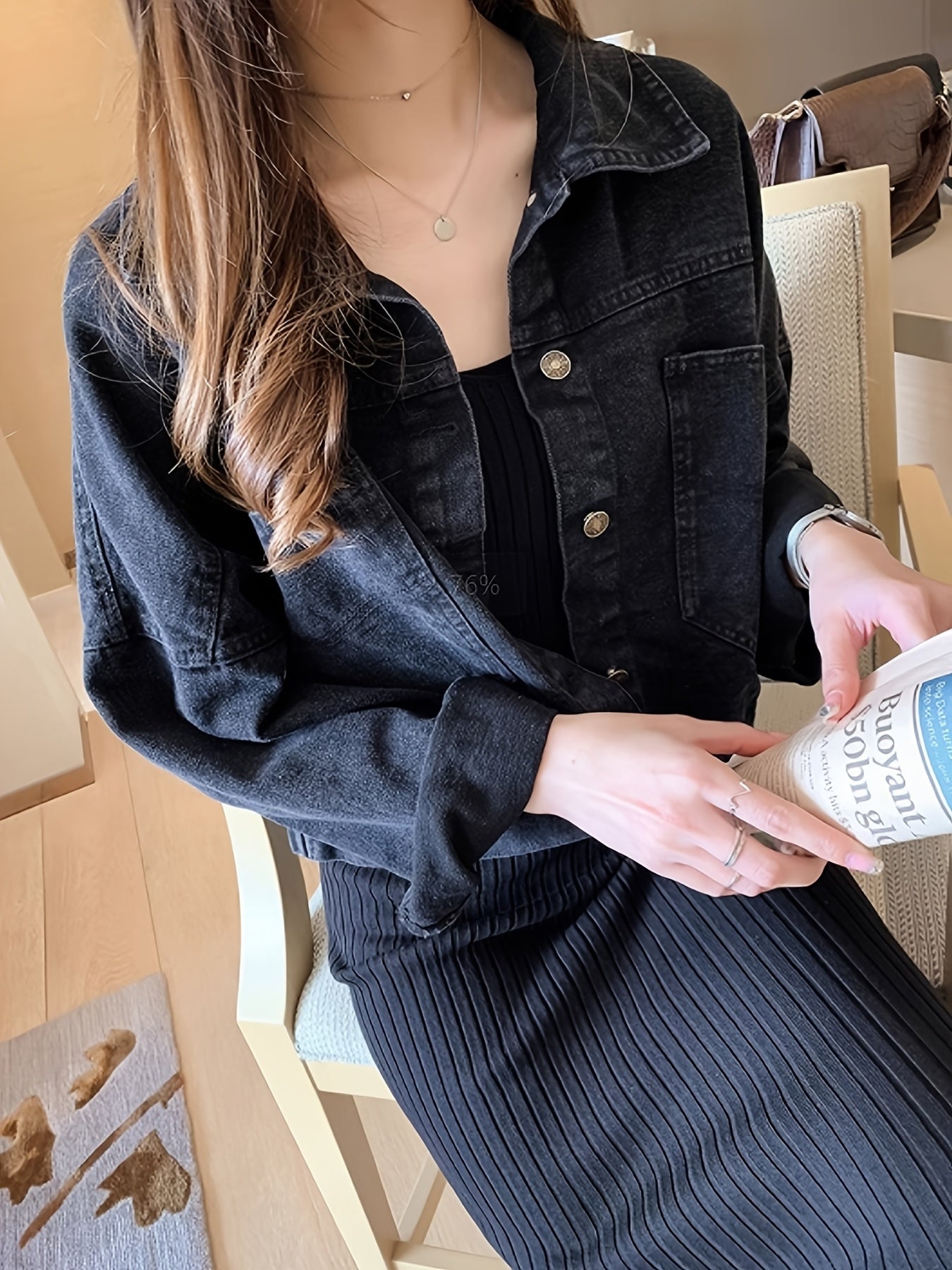 Women'S Black Denim Jacket with Cute Bear Applique - Casual Long Sleeve, Non-Stretch Fabric, Spring\u002FSummer Fashion, Casual Outerwear | Playful Design | Decorative Details