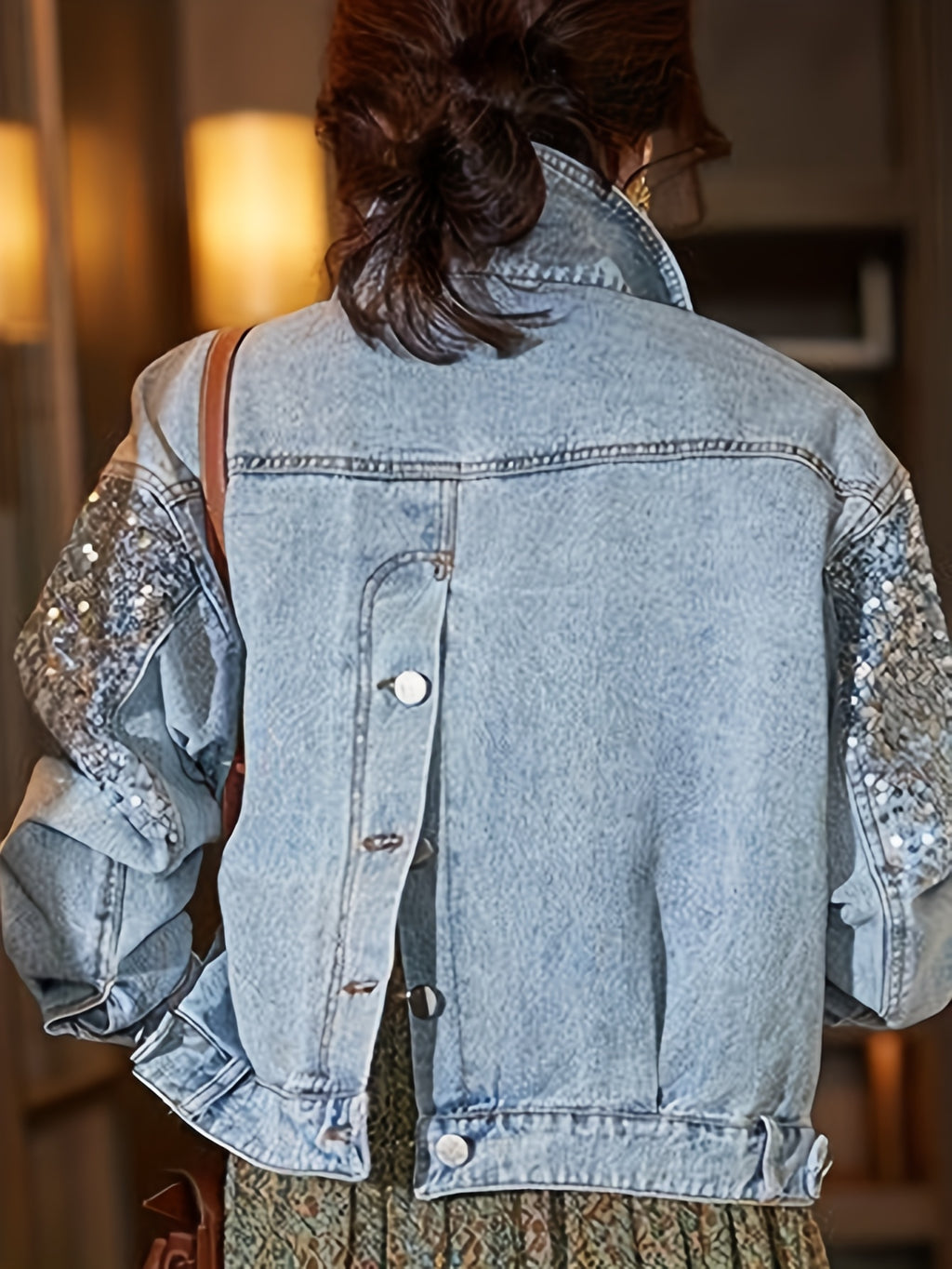Women's Light Blue Denim-Look Jacket with Sequin Details, Flap Pockets, and Buttoned Cuffs - Stylish Long Sleeve Outerwear for Spring\u002FFall, Ladies Denim Jacket, Casual Outerwear | Trendy Women's Jacket | Sequin Accents
