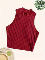 Middle East Special Solid Color Ribbed Vest 4pcs Set, Elegant Stand-up Collar Sleeveless Navel Top