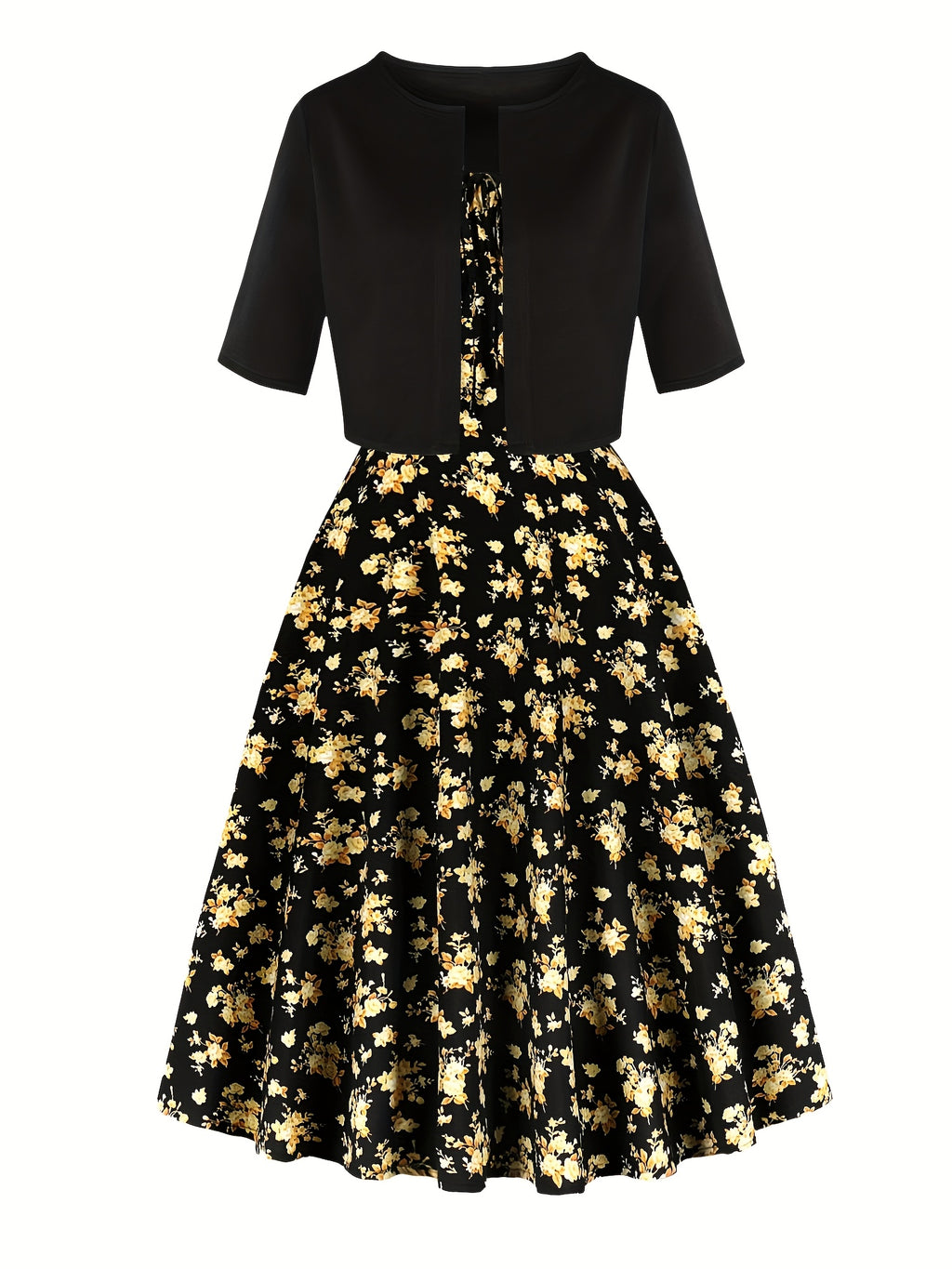 Charming Floral Strap Skirt Women's Sweet Versatile Black Blouse Dress Set