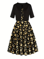 Charming Floral Strap Skirt Women's Sweet Versatile Black Blouse Dress Set