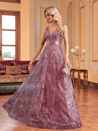 Elegant V-Neck Sequin Embroidered Sleeveless Maxi Dress for Women - Flowing Floor-Length Evening Gown with Lace Detailing, Perfect for Parties, Proms, and Formal Events
