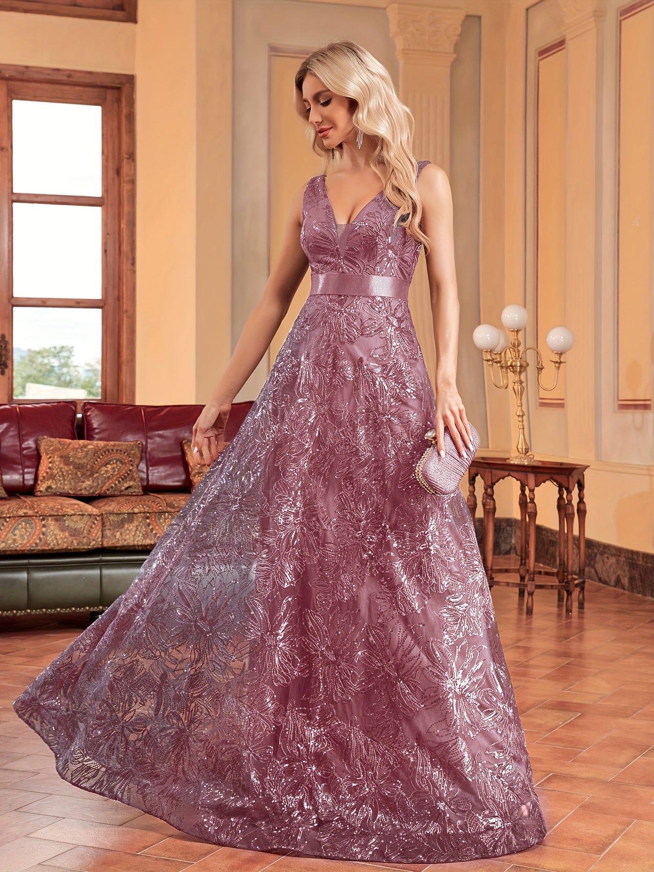 Elegant V-Neck Sequin Embroidered Sleeveless Maxi Dress for Women - Flowing Floor-Length Evening Gown with Lace Detailing, Perfect for Parties, Proms, and Formal Events