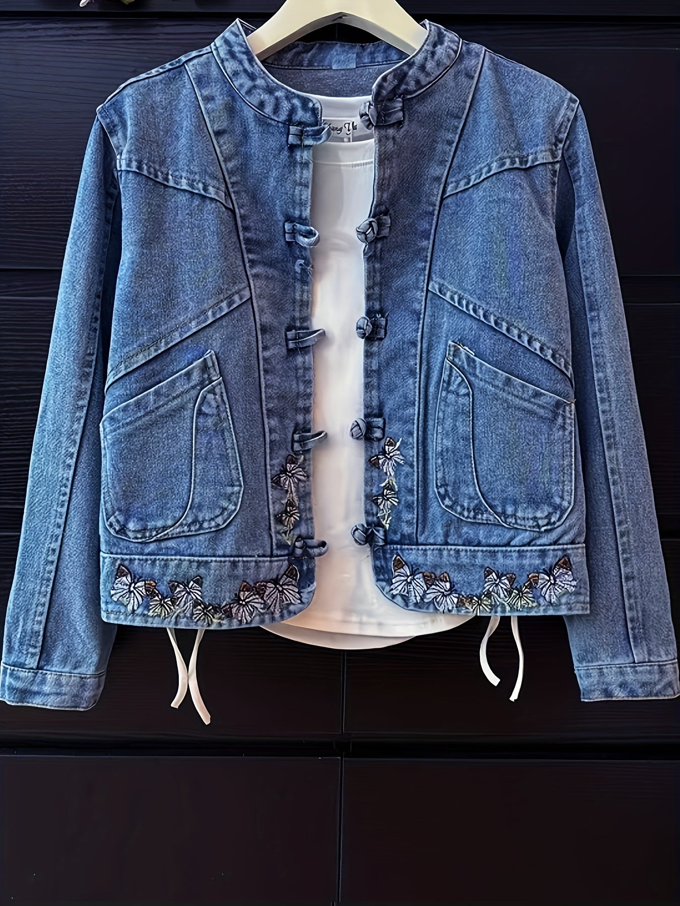 Vintage-Inspired Women's Denim Jacket with Floral Embroidery, Slim Fit Stretch Denim Coat with Ethnic Buckle Details and Chest Pockets - Light Wash Blue, Casual to Chic Style for Casual Attire