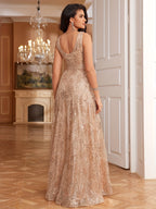 Elegant V-Neck Sequin Embroidered Sleeveless Maxi Dress for Women - Flowing Floor-Length Evening Gown with Lace Detailing, Perfect for Parties, Proms, and Formal Events
