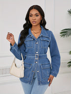 Mid-Length Denim Jacket for Women with a Belt And Four Pockets.