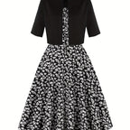 1pc Elegant Floral Print Two-Piece Dress Set, Polyester 100%, Crew Neck, Short Sleeve Top with Bow Detail, Woven Skirt, Spring\u002FSummer Party Outfit