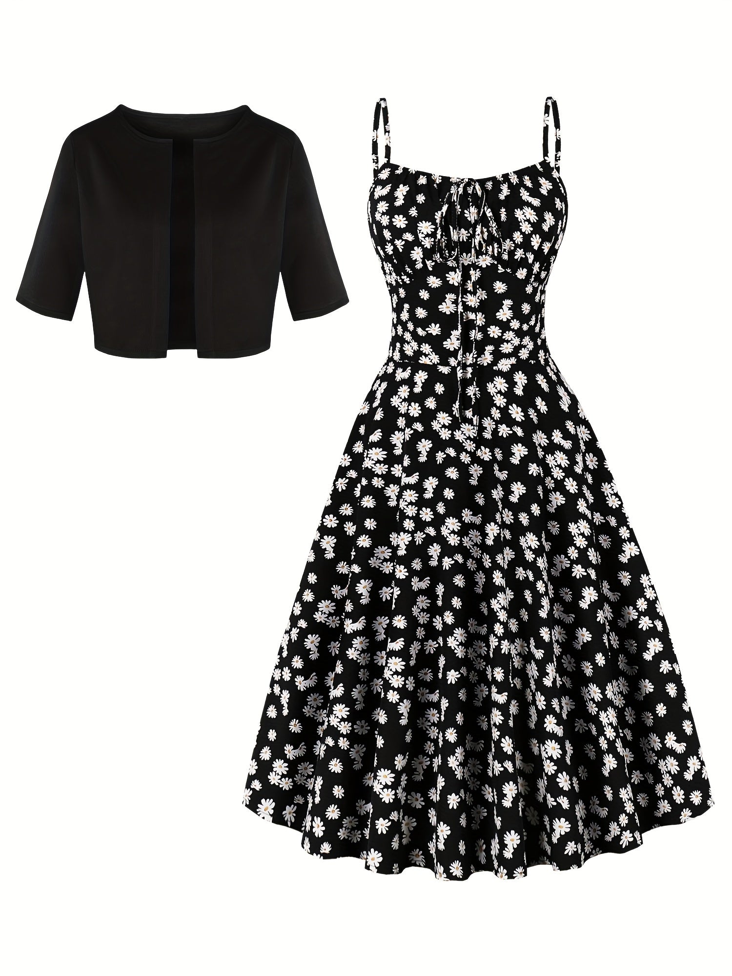 1pc Elegant Floral Print Two-Piece Dress Set, Polyester 100%, Crew Neck, Short Sleeve Top with Bow Detail, Woven Skirt, Spring\u002FSummer Party Outfit