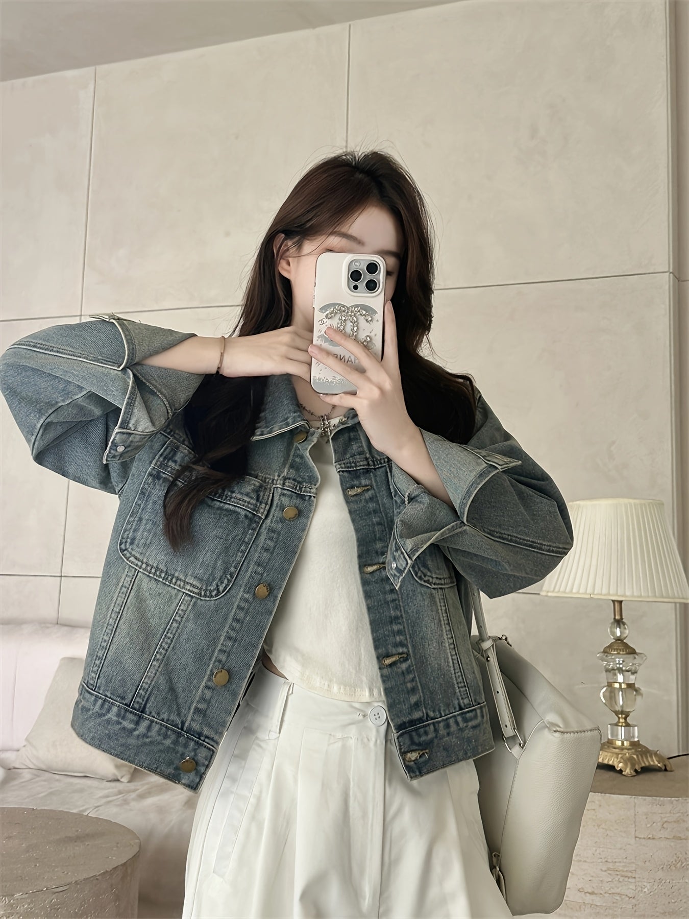 Women's Vintage Denim Jacket - Retro Cropped Short Sleeve Coat with Front Pockets, Machine Washable Regular Fit Casual Spring\u002FFall Outerwear, Cropped Denim Jacket