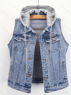 Spring-Summer Loose Korean Style Trendy Casual Sleeveless Short Jacket with Detachable Hoodie, Versatile Single-Breasted Cardigan