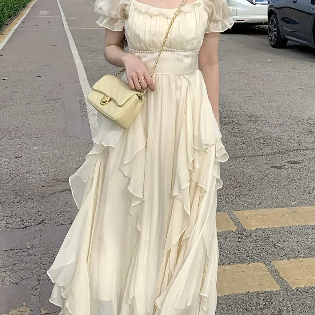 Elegant French-Inspired Midi Dress with Ruffled Sleeves and Square Neckline - Beaded Cinched Waist, Flowing A-Line Silhouette, Perfect for Spring\u002FSummer, Cute Dres