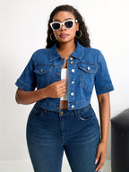 Plus Size Women'S Stretch Denim Short Sleeve Vest - Elegant V-Neck Button-Up Jacket with Pockets, Medium Stretch Fabric, Perfect for Spring\u002FSummer Casual Wear, Jean Jacke