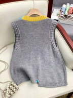 Women's Color Block V-Neck Knit Cardigan Vest - Stylish Loose Fit Sweater with Button Details, Acrylic Blend for Spring\u002FFall, Lightweight & Versatile Outerwear, Lightweight Cardigan