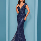 Elegant Beaded V-Neck Sleeveless Tank Fishtail Dress - Luxury Formal Bridesmaid & Evening Gown with Floral Print, Long Train Mermaid Silhouette for Weddings, Parties, Galas - Hand Wash Only, Bridesmaid Dress, Wedding Attire, Sophisticated Craftsmanship