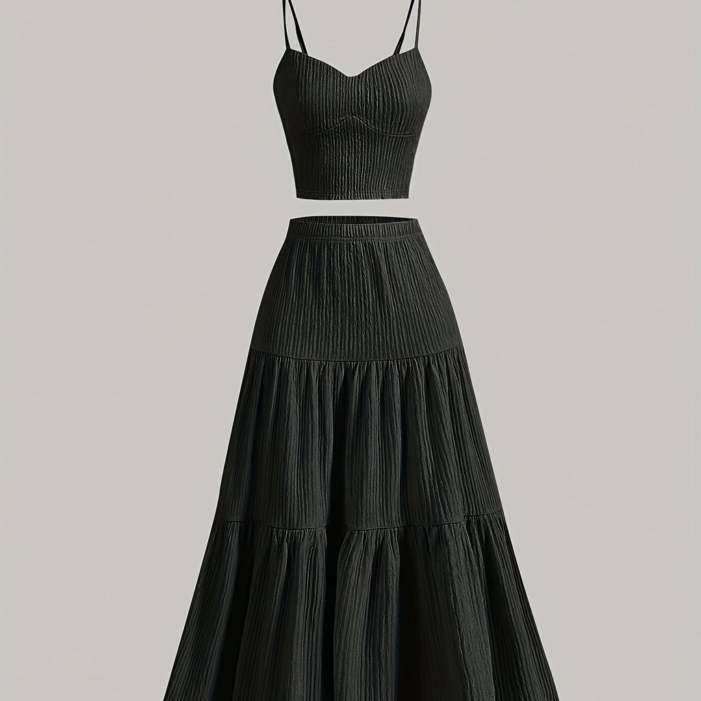 Women'S Solid Color Strapless Tank Top and Long Skirt Set - Casual Polyester Blend with Ruffle Detail, Perfect for Spring\u002FSummer, Casual Attire|Strapless Top|Polyester Blend