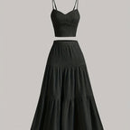 Women'S Solid Color Strapless Tank Top and Long Skirt Set - Casual Polyester Blend with Ruffle Detail, Perfect for Spring\u002FSummer, Casual Attire|Strapless Top|Polyester Blend