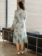 Elegant Floral Print A-Line Dress with Adjustable Waist and Crew Neck - Light Blue Floral Pattern, Short Sleeve, Summer Women'S Dress, Elegant Event Attire | Floral Print Dress | Sleeveless Dres