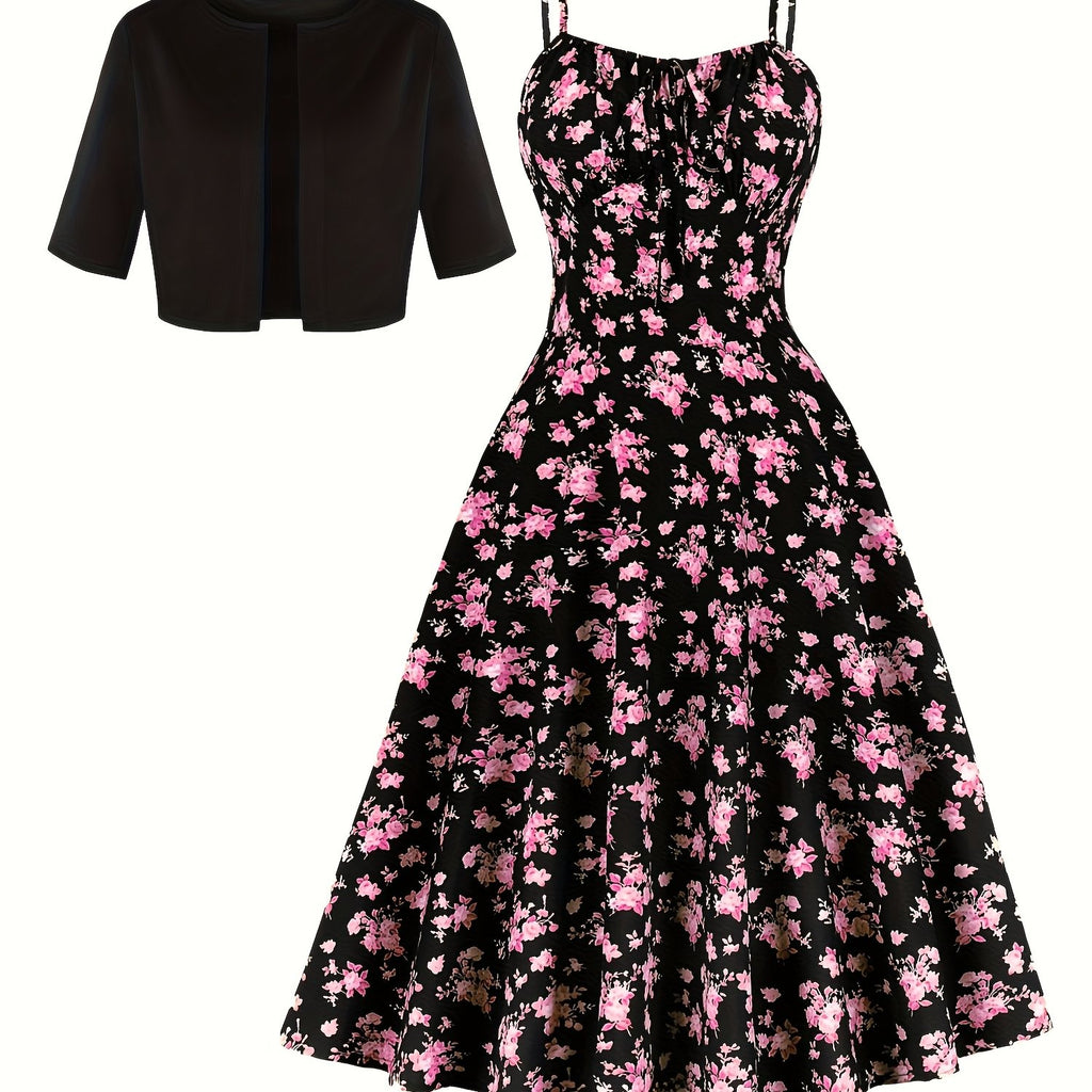 Charming Floral Strap Skirt Women's Sweet Versatile Black Blouse Dress Set